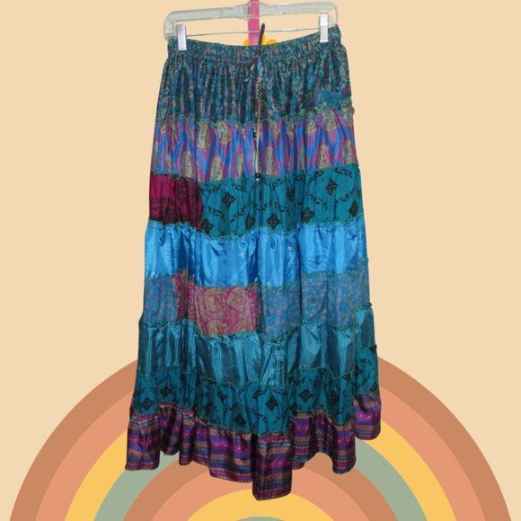 ๐บ Wevez Tribal Patchwork Skirt โ Blue, Maroon and Gold ๐บ - Picture 1 of 6